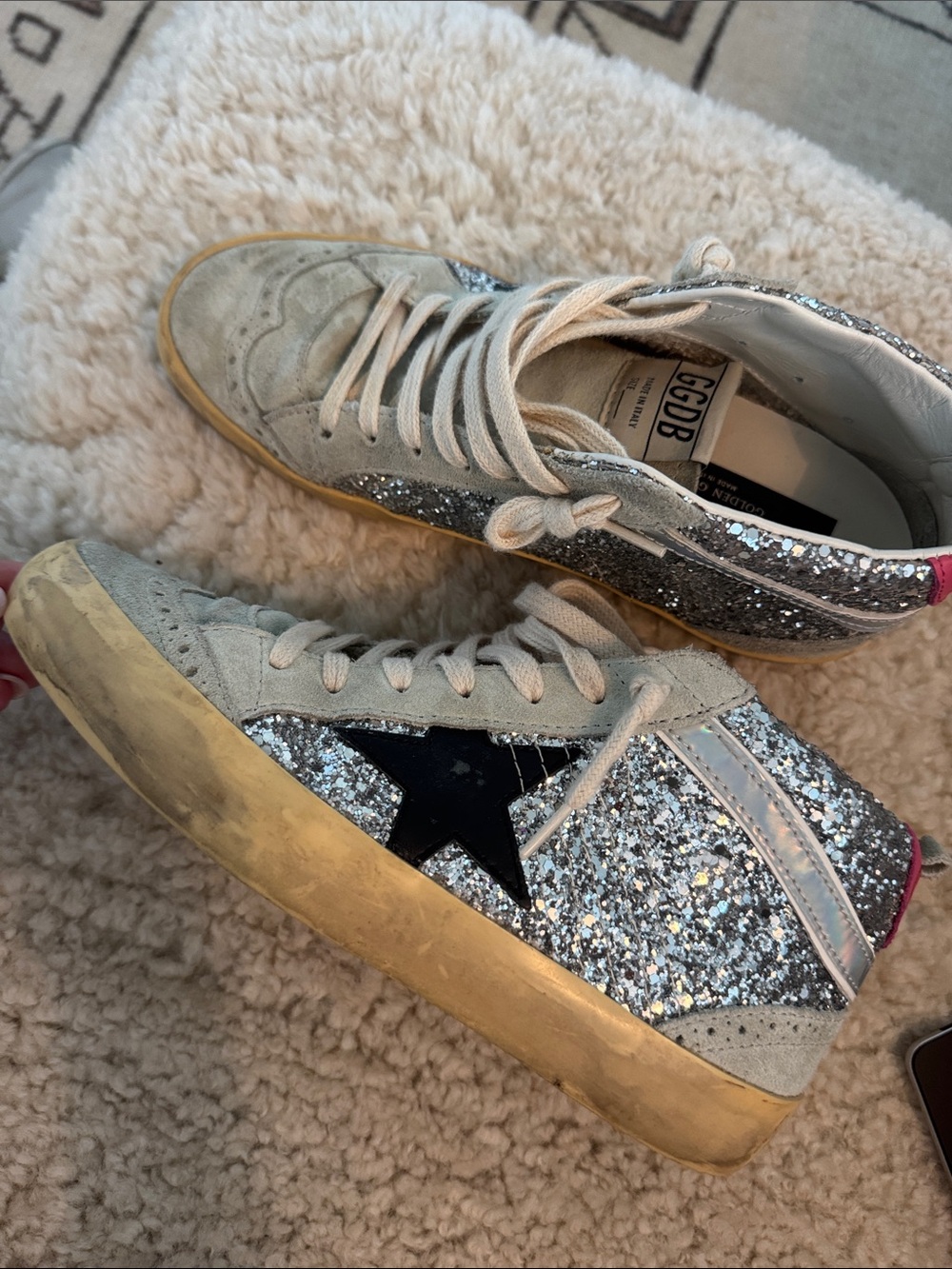 Golden Goose Midstar Silver Glitter Superstar Sneakers with Black Star - Women's